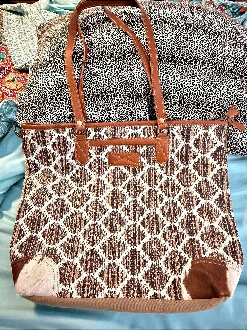 Hype Bags Printed Tote Bag in Brown & White